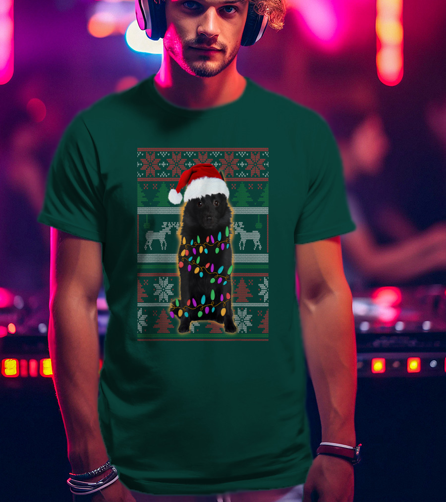 Schipperke Santa Hat Festive Christmas Lights Ugly T-Shirt