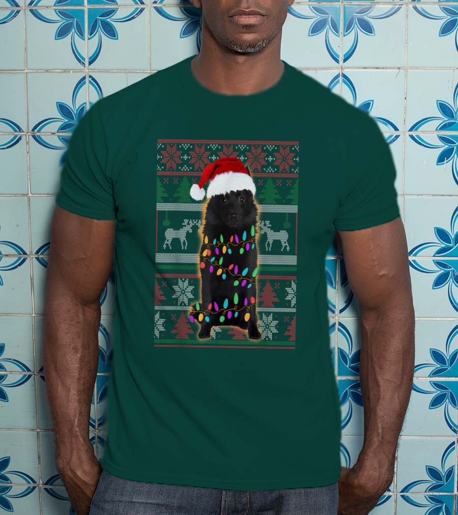Schipperke Santa Hat Festive Christmas Lights Ugly T-Shirt