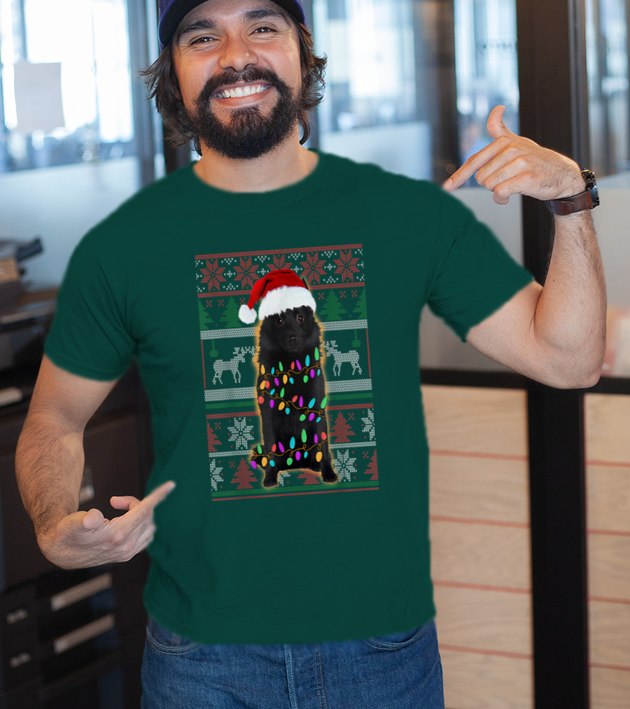 Schipperke Santa Hat Festive Christmas Lights Ugly T-Shirt