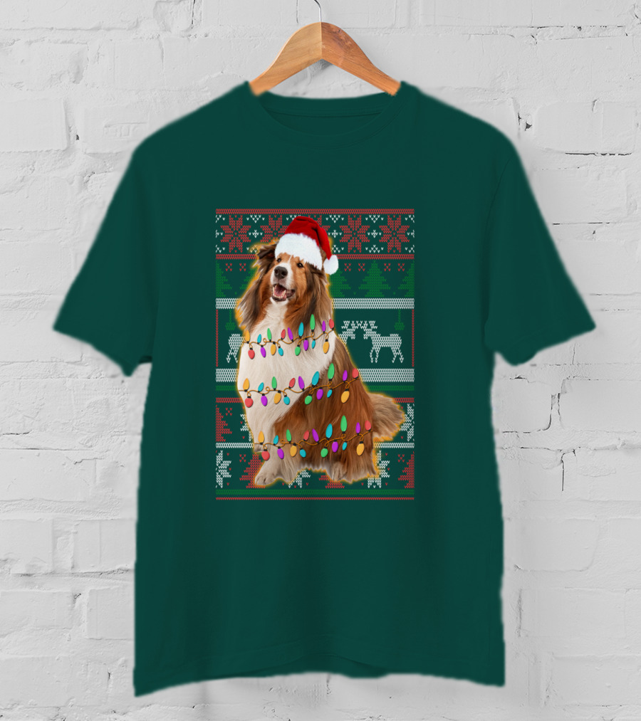 Shetland Sheepdog Christmas Lights Sweater Santa Hat Holiday Festive T-Shirt