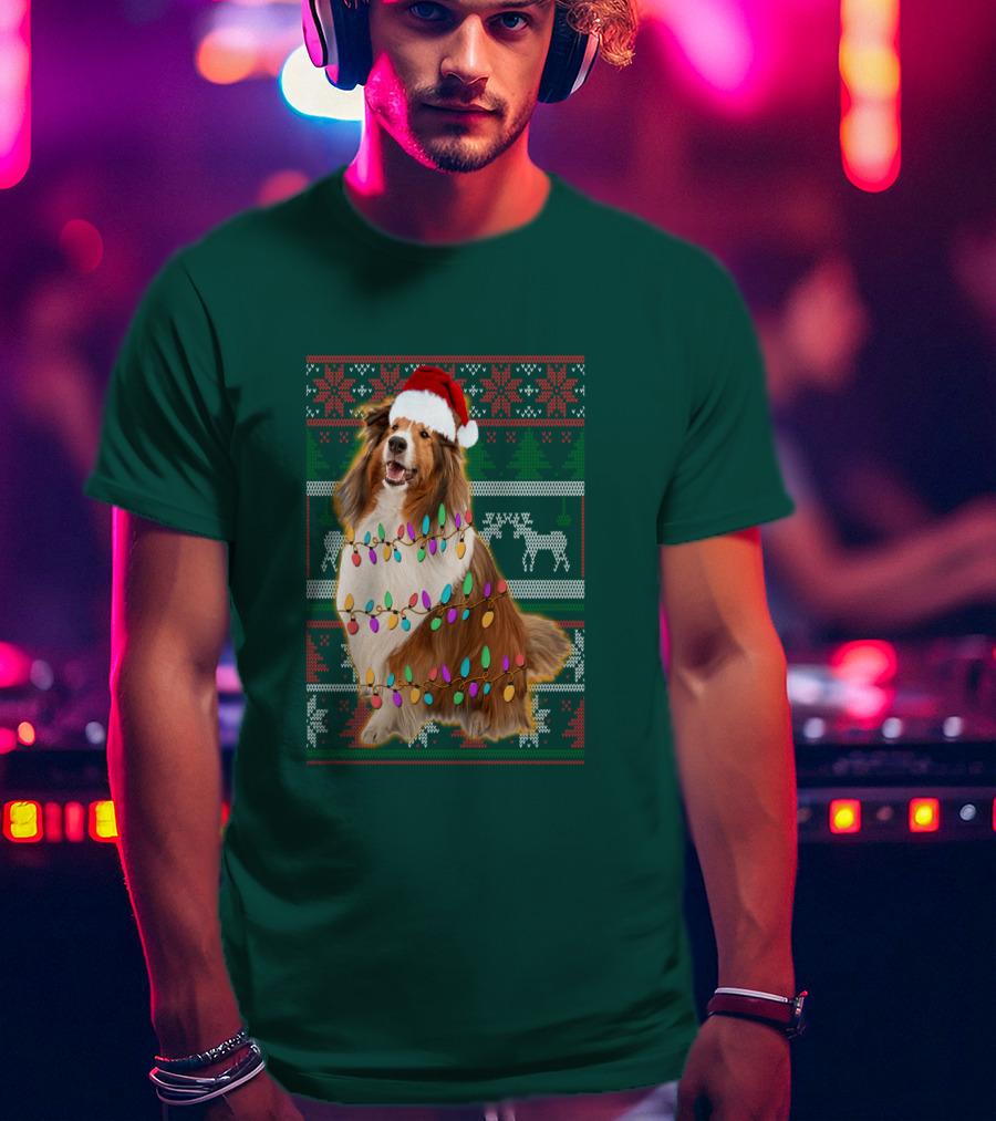 Shetland Sheepdog Christmas Lights Sweater Santa Hat Holiday Festive T-Shirt