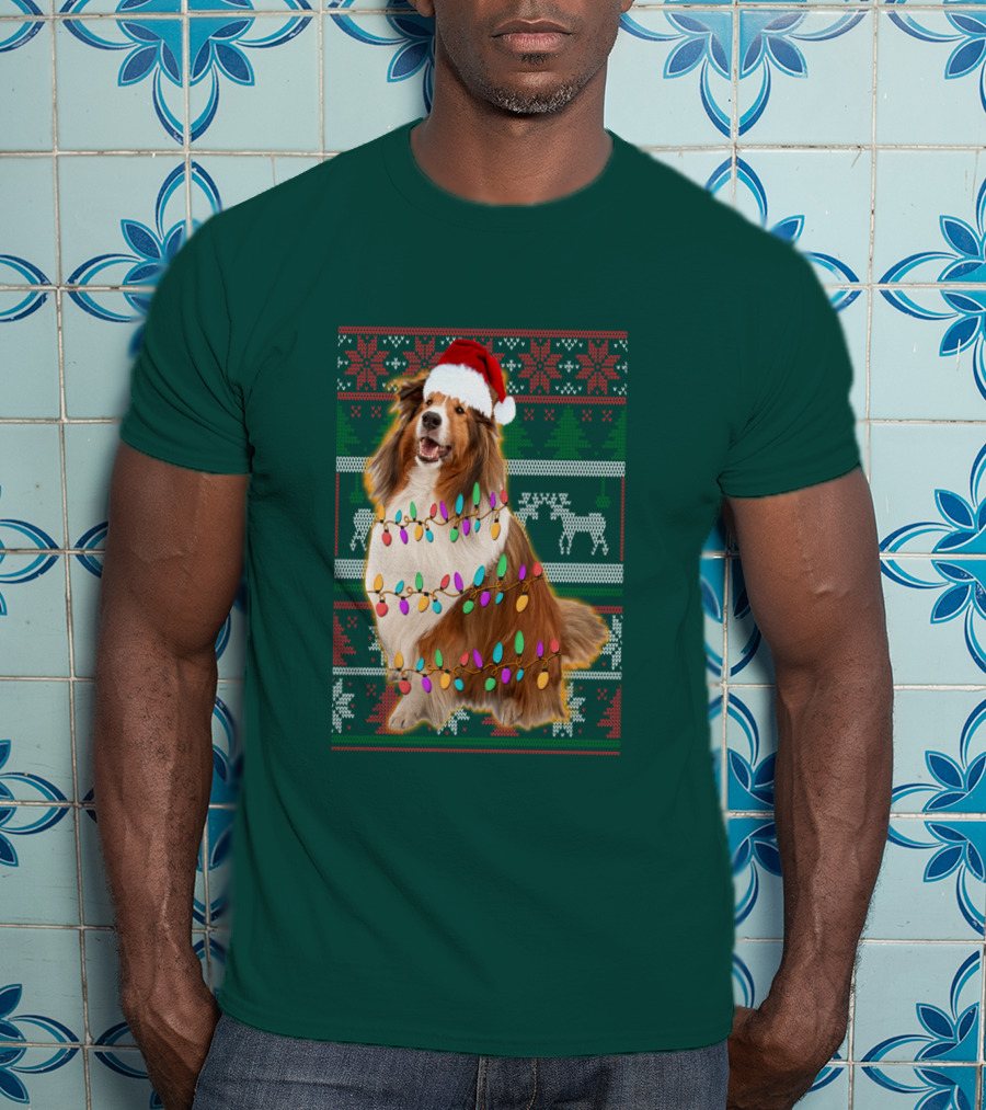 Shetland Sheepdog Christmas Lights Sweater Santa Hat Holiday Festive T-Shirt