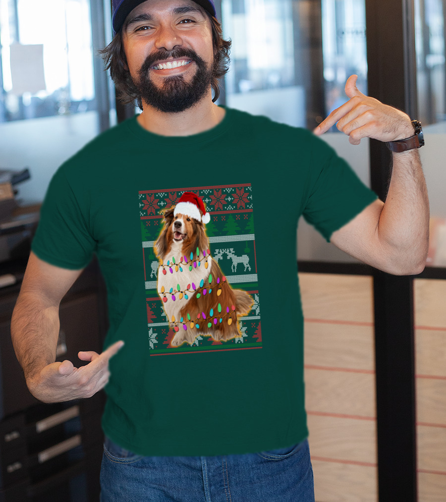 Shetland Sheepdog Christmas Lights Sweater Santa Hat Holiday Festive T-Shirt