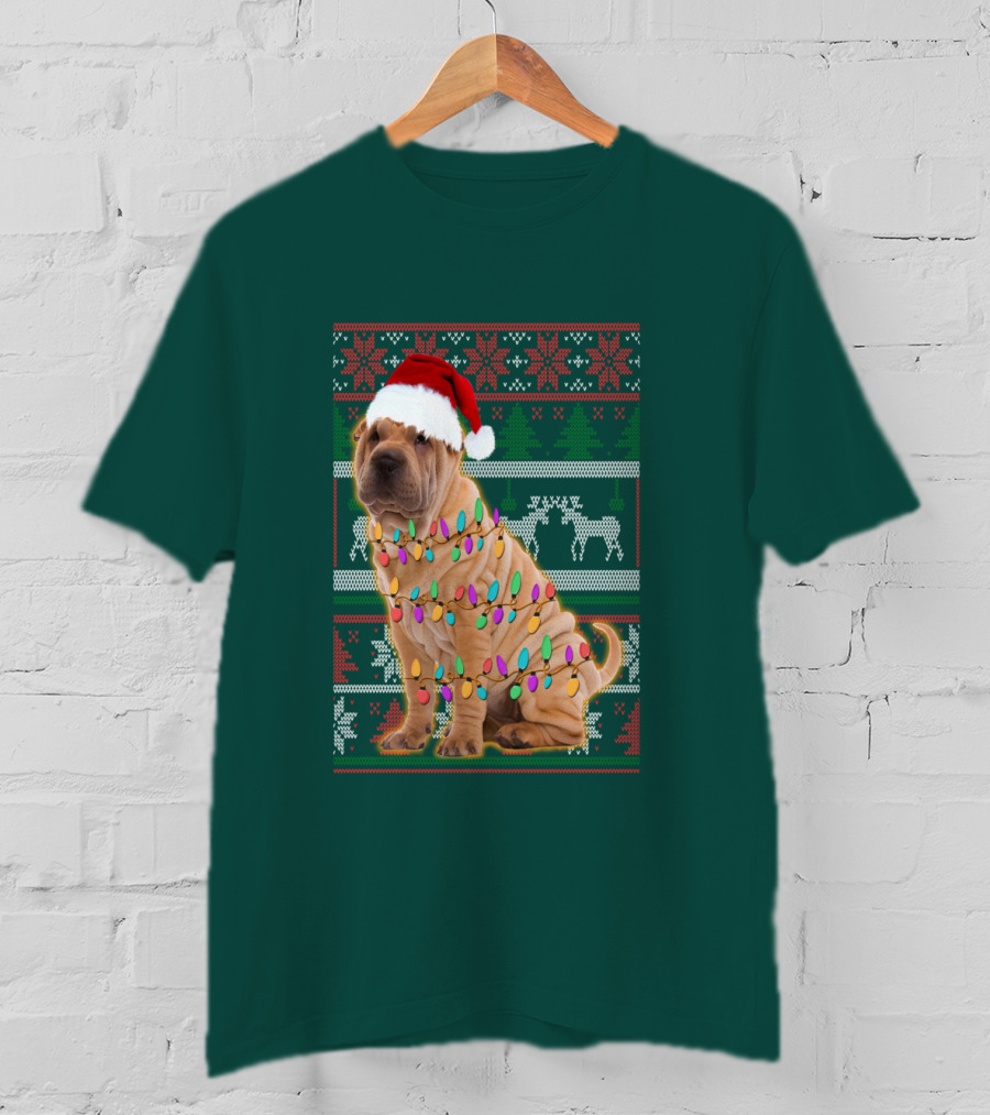 Shar Pei Christmas Lights Santa Hat Puppy T-Shirt