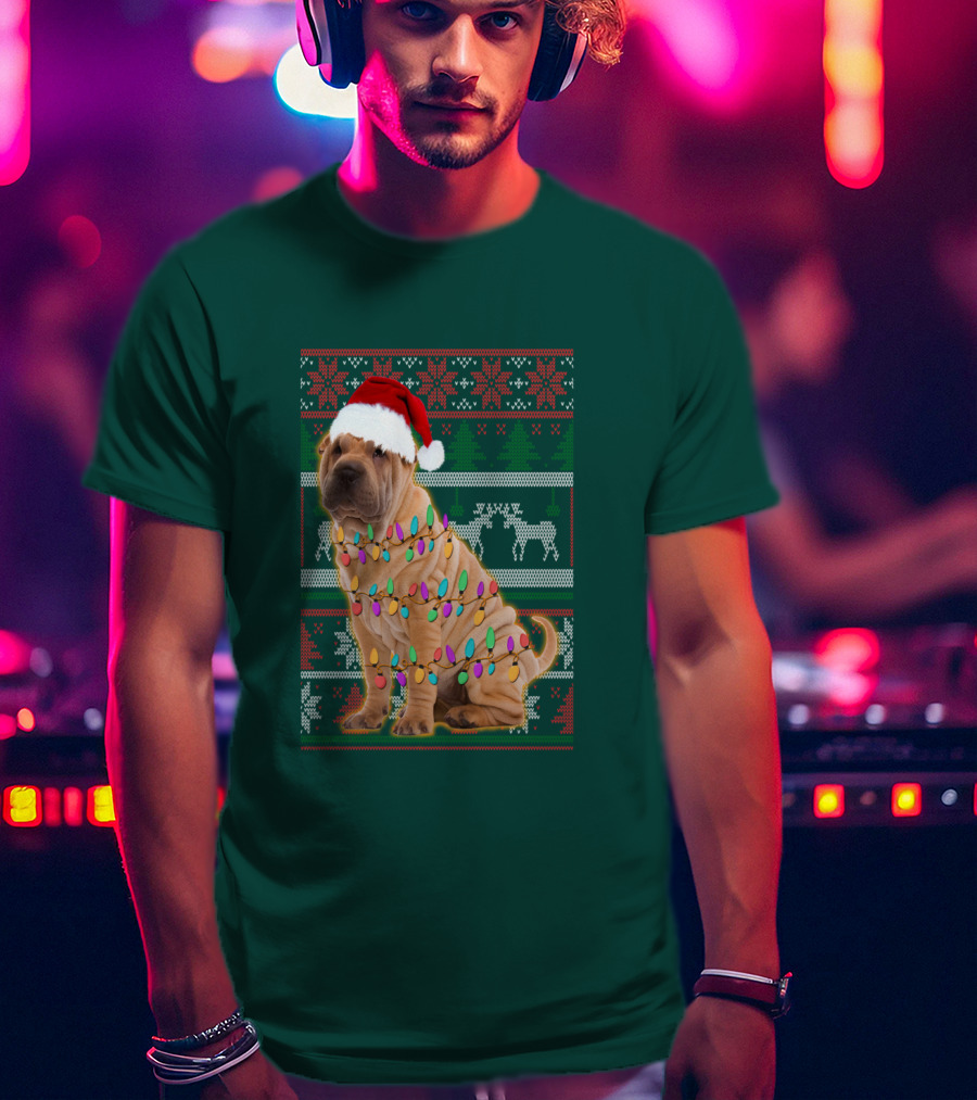 Shar Pei Christmas Lights Santa Hat Puppy T-Shirt