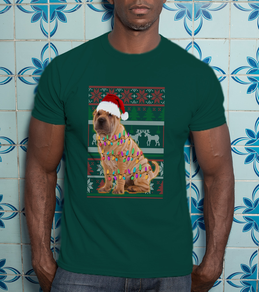 Shar Pei Christmas Lights Santa Hat Puppy T-Shirt