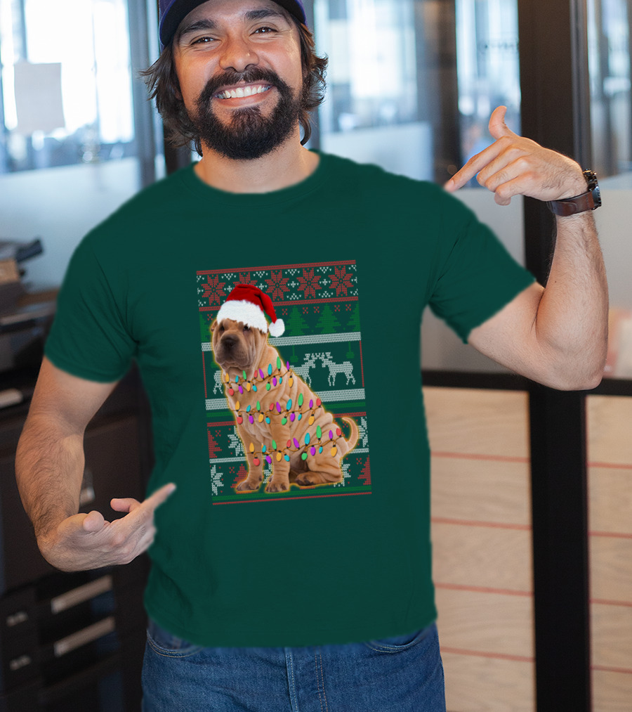 Shar Pei Christmas Lights Santa Hat Puppy T-Shirt