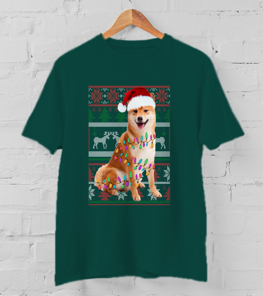 Shiba Inu Christmas Sweater Lights Santa Hat T-Shirt
