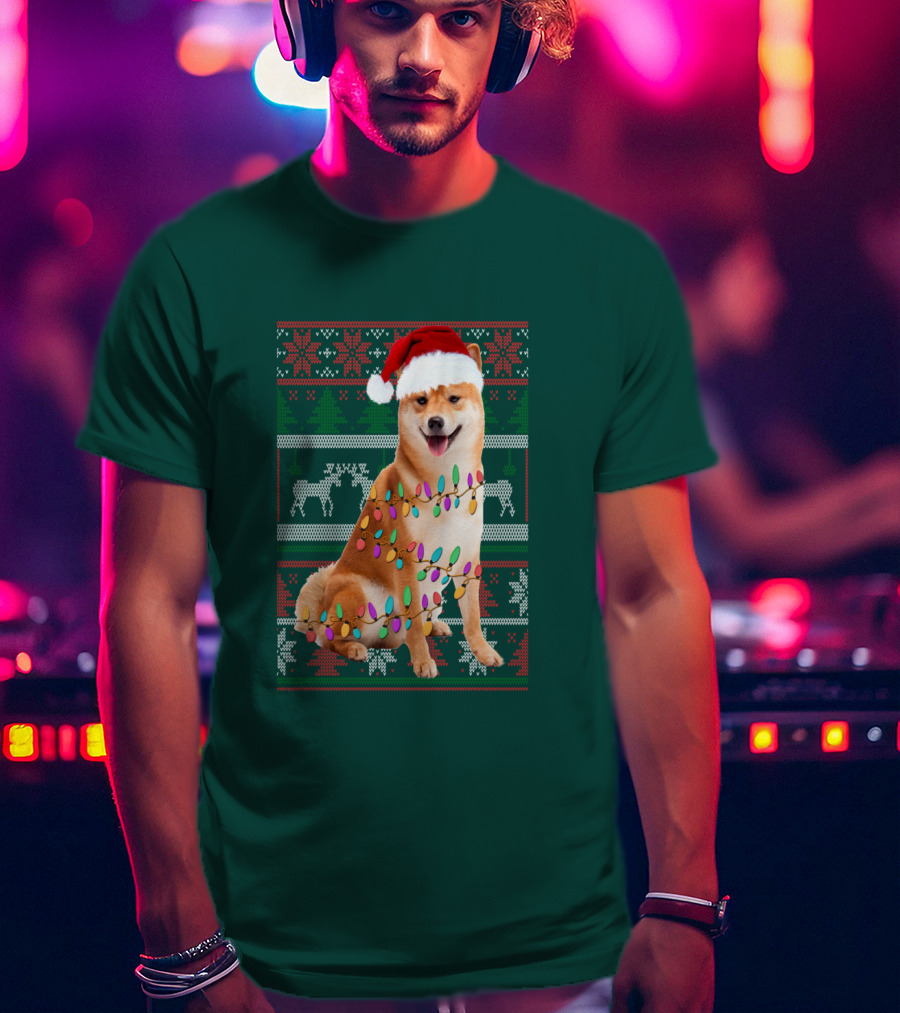 Shiba Inu Christmas Sweater Lights Santa Hat T-Shirt
