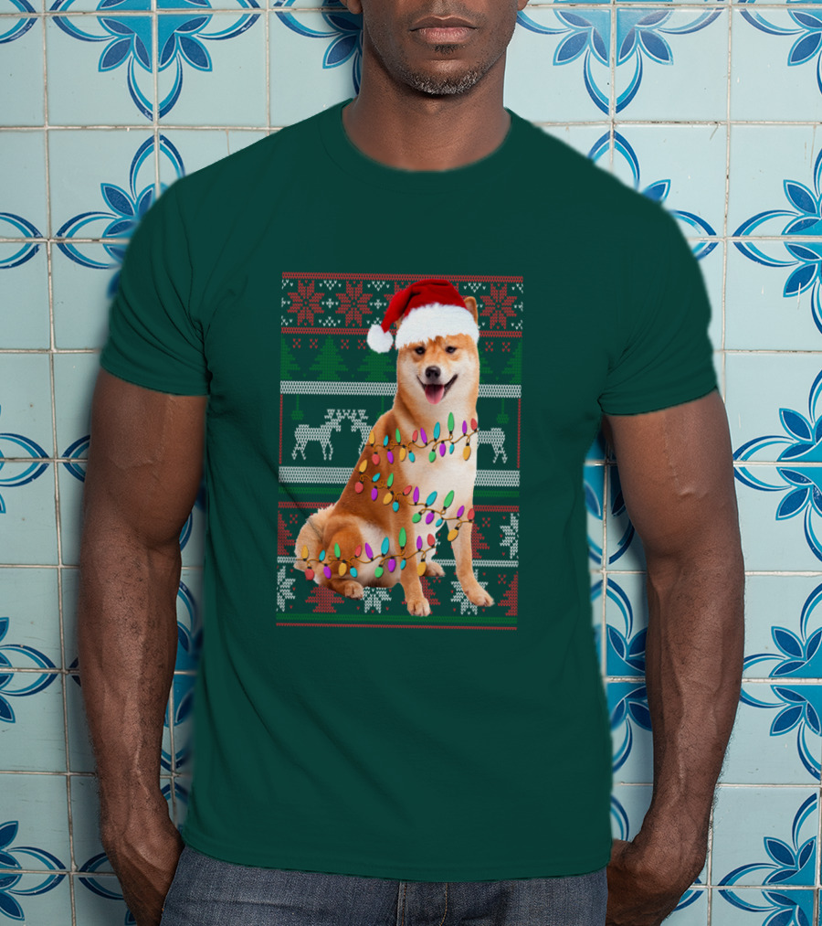 Shiba Inu Christmas Sweater Lights Santa Hat T-Shirt