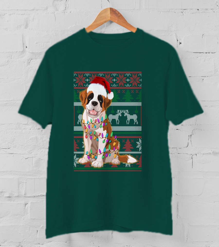 St Bernard Christmas Lights Ugly T-Shirt