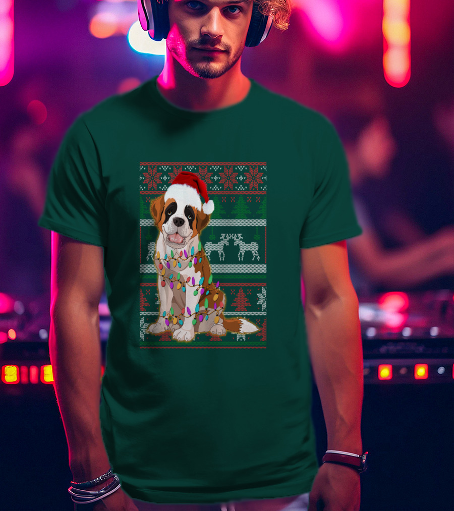 St Bernard Christmas Lights Ugly T-Shirt