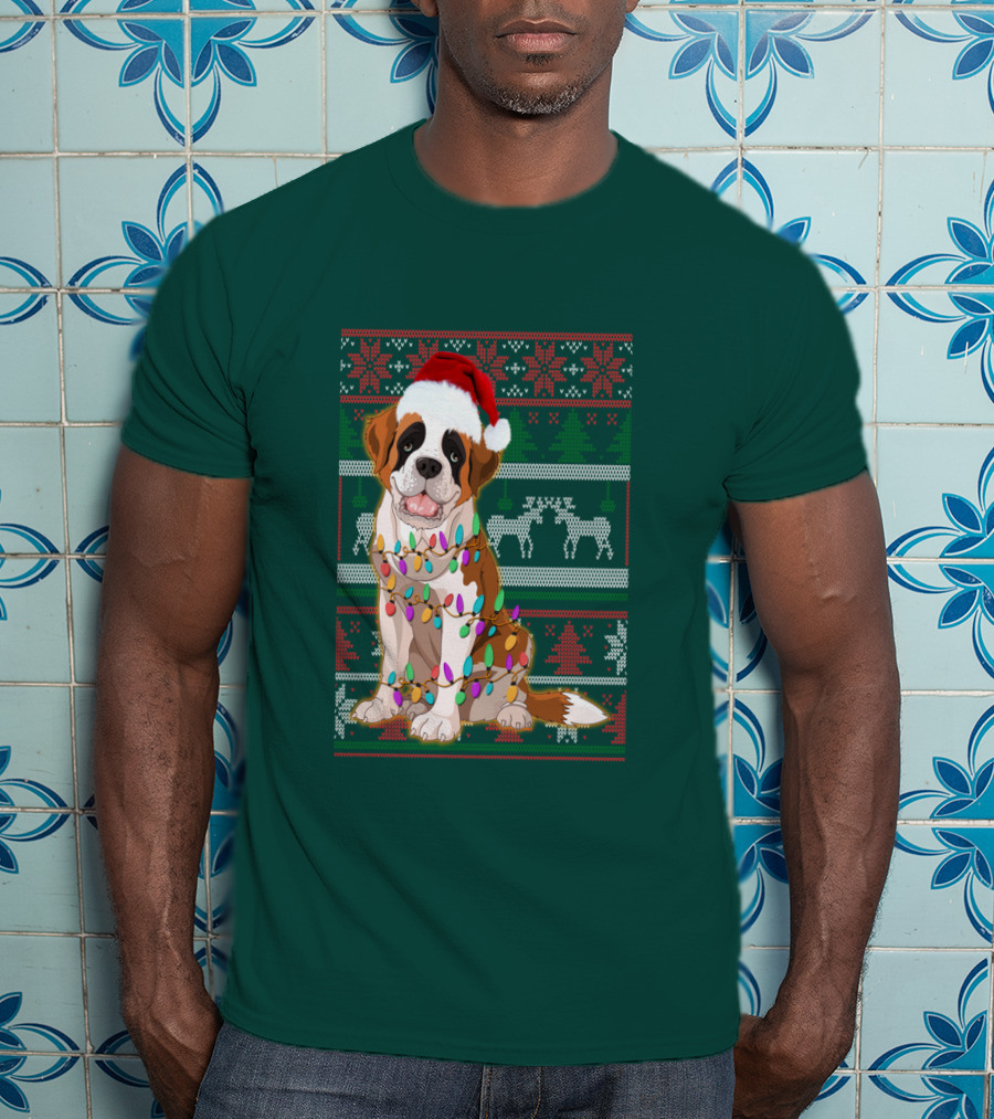 St Bernard Christmas Lights Ugly T-Shirt
