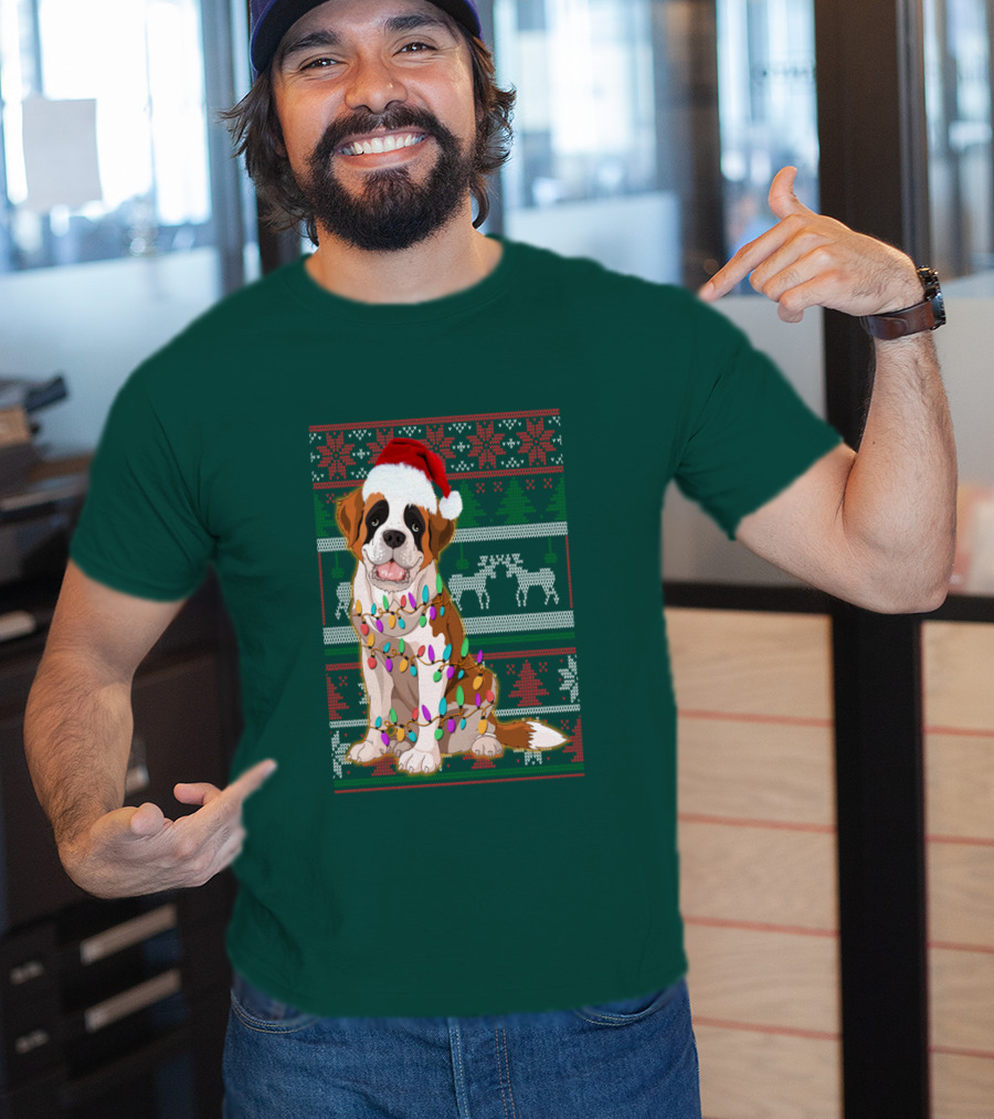 St Bernard Christmas Lights Ugly T-Shirt