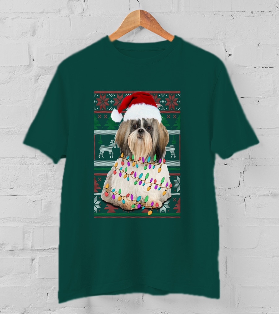 Shih Tzu Christmas Lights Santa Hat Holiday T-Shirt
