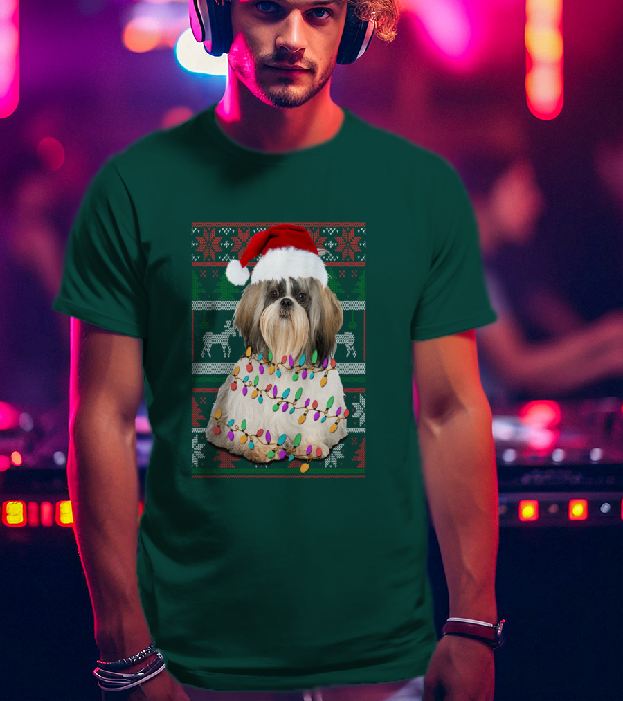 Shih Tzu Christmas Lights Santa Hat Holiday T-Shirt