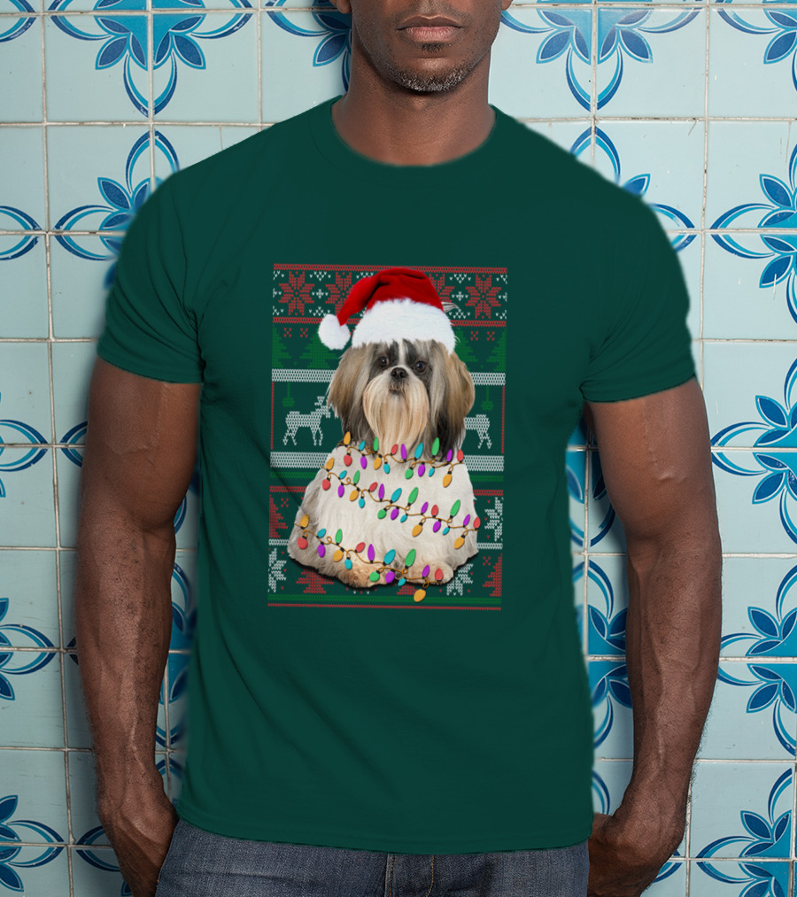 Shih Tzu Christmas Lights Santa Hat Holiday T-Shirt