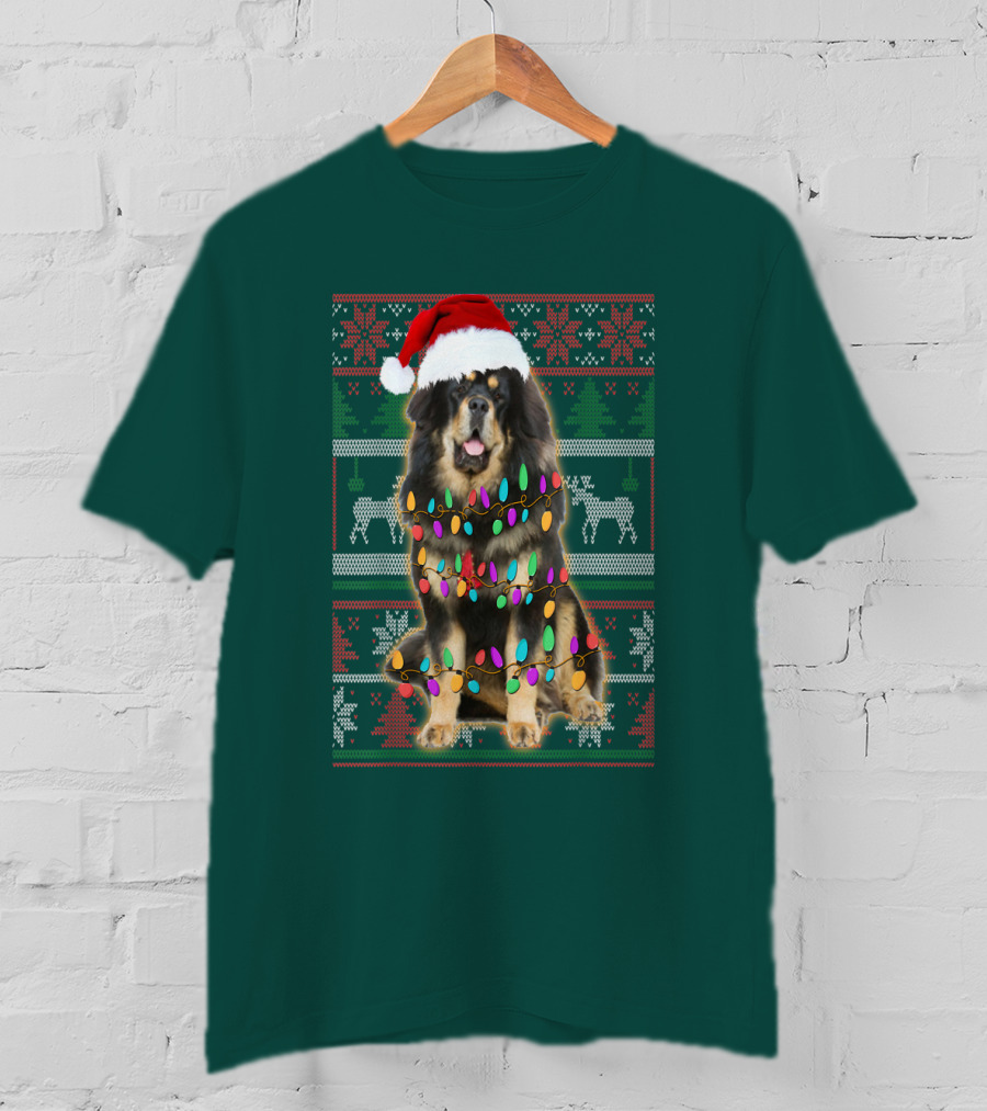 Tibetan Mastiff Christmas Sweater With Lights And Santa Hat T-Shirt