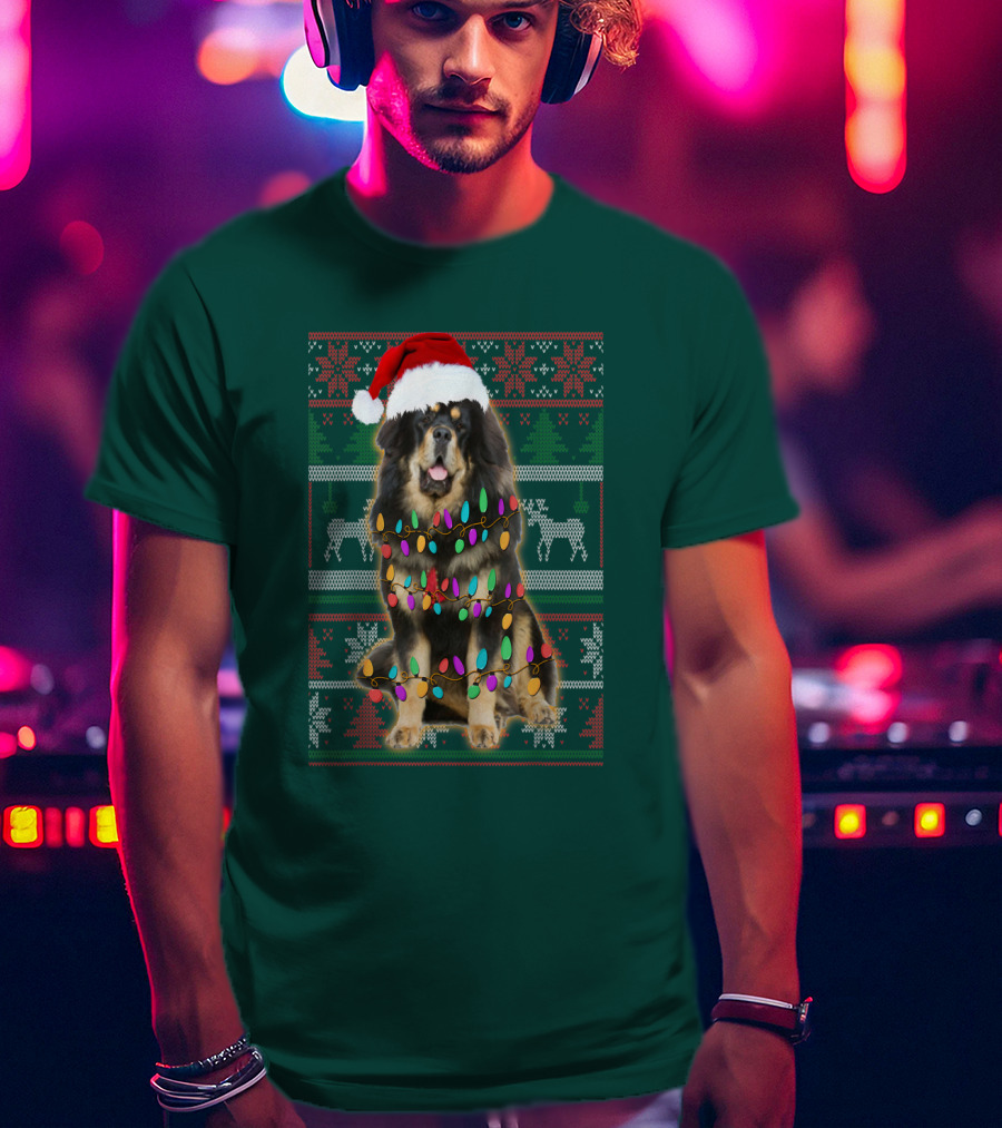 Tibetan Mastiff Christmas Sweater With Lights And Santa Hat T-Shirt