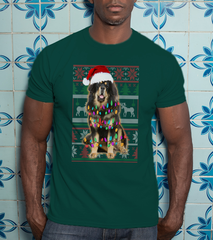 Tibetan Mastiff Christmas Sweater With Lights And Santa Hat T-Shirt