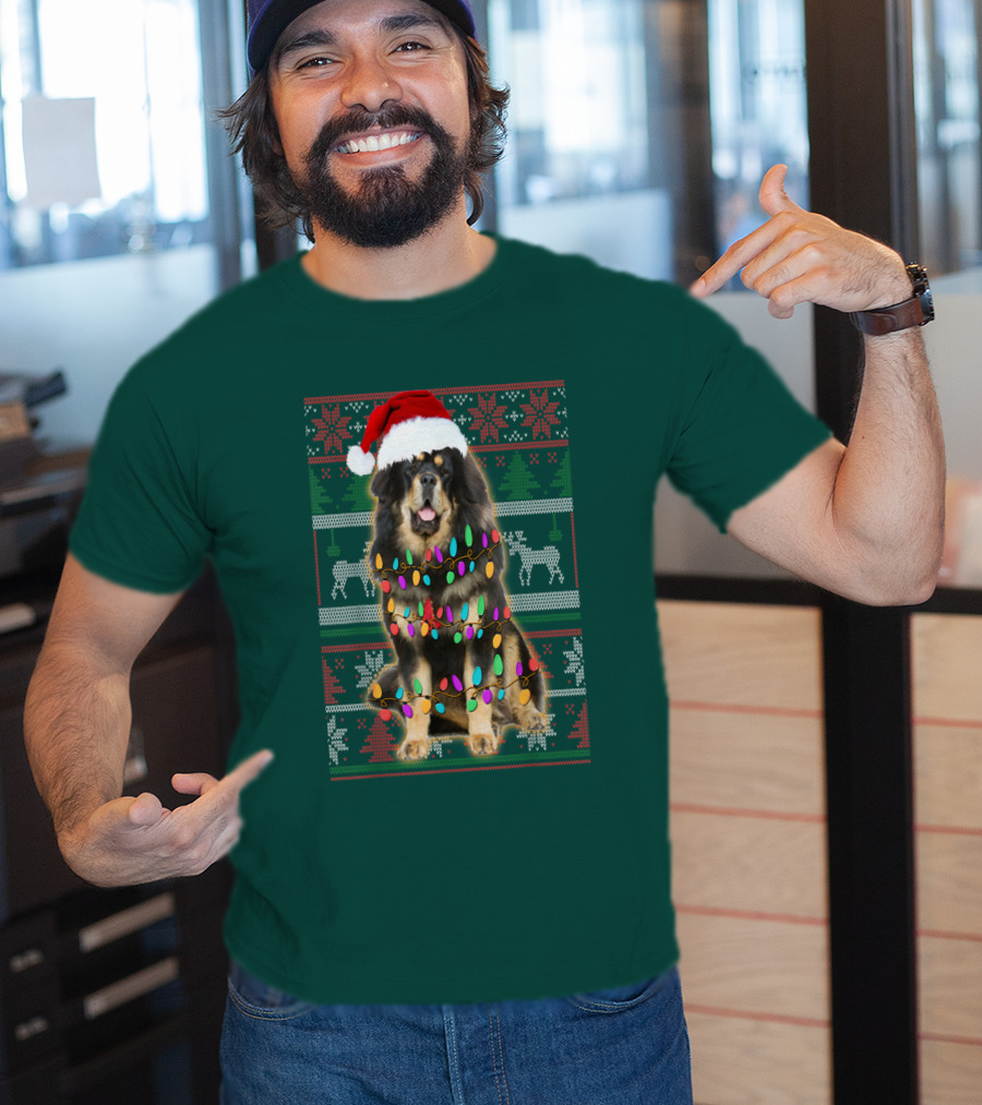 Tibetan Mastiff Christmas Sweater With Lights And Santa Hat T-Shirt