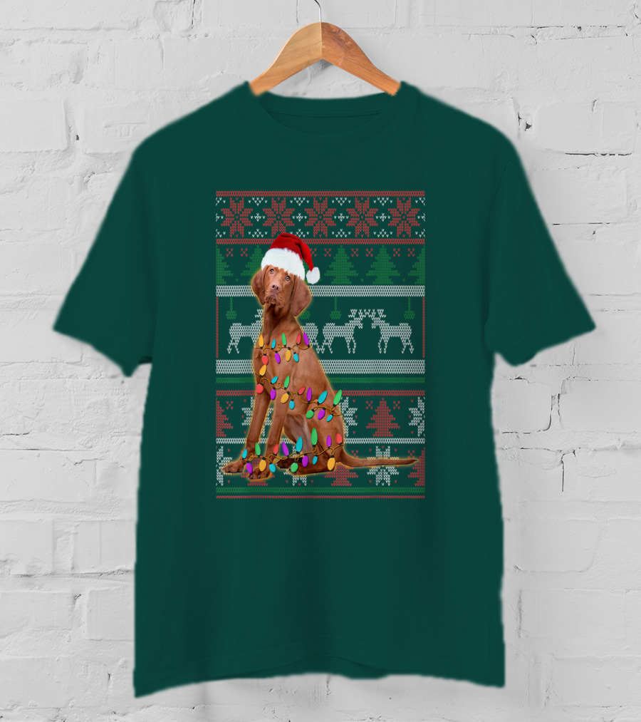 Vizsla Christmas Lights Santa Hat Ugly T-Shirt