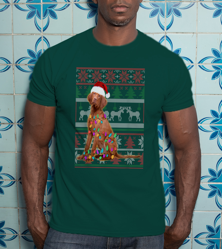 Vizsla Christmas Lights Santa Hat Ugly T-Shirt