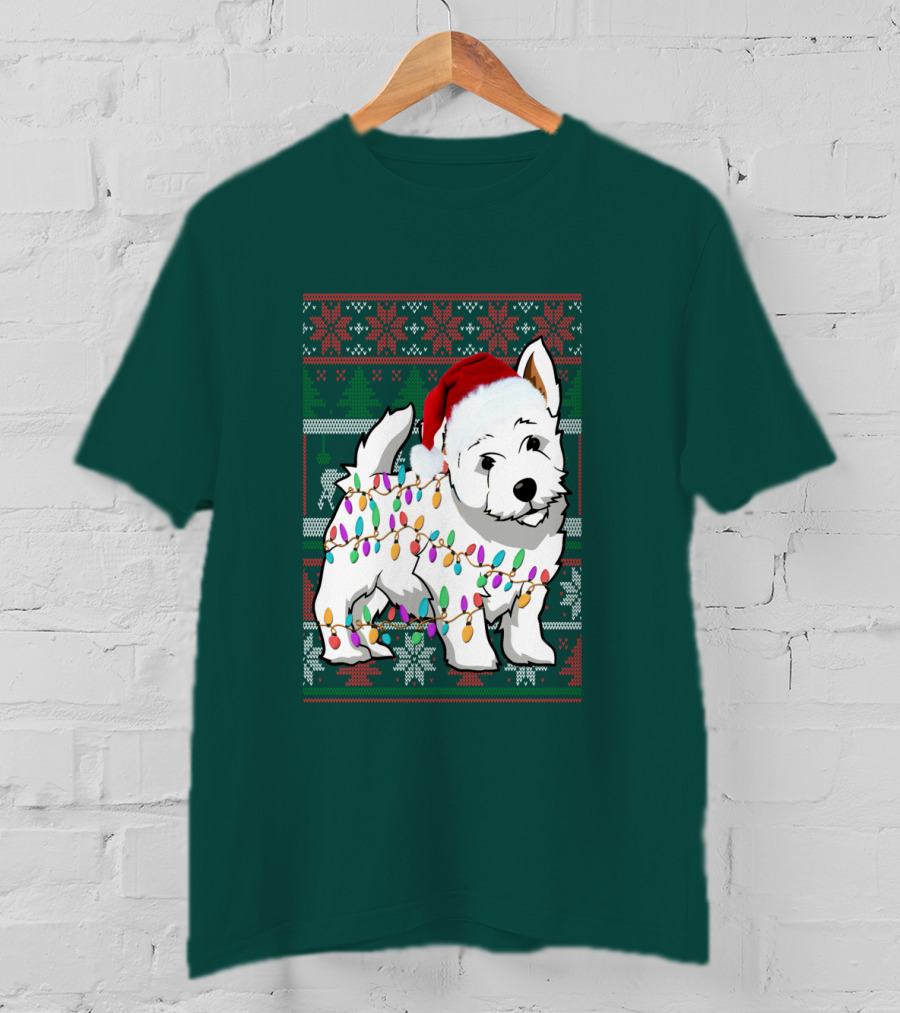 West Highland White Terrier Christmas Lights Ugly Sweater Santa Hat T-Shirt