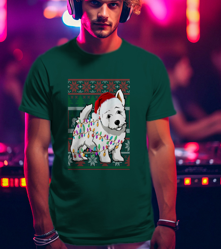 West Highland White Terrier Christmas Lights Ugly Sweater Santa Hat T-Shirt