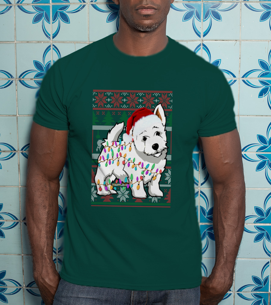 West Highland White Terrier Christmas Lights Ugly Sweater Santa Hat T-Shirt