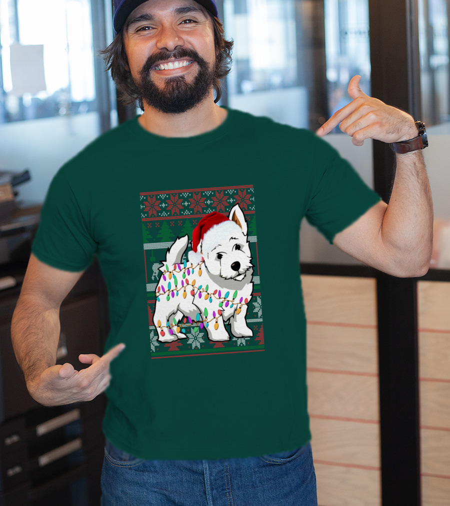 West Highland White Terrier Christmas Lights Ugly Sweater Santa Hat T-Shirt