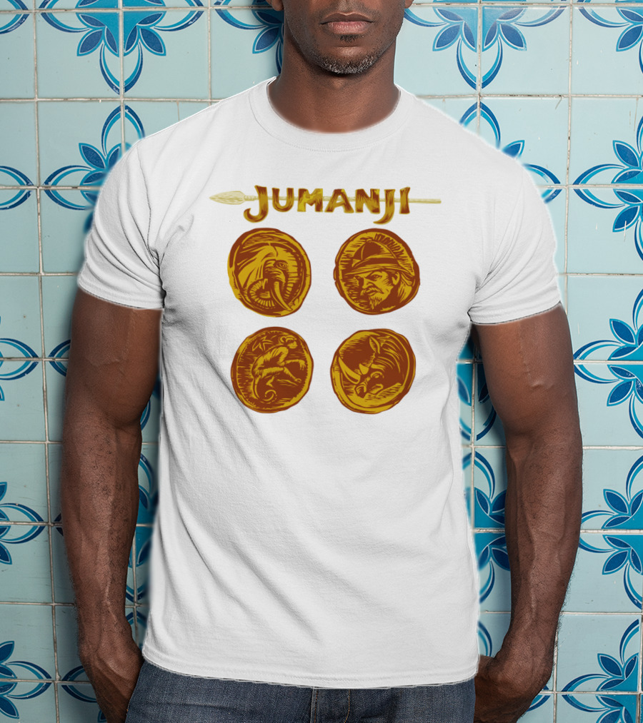 Jumanji Character Portrait Coins And Spear Sketch T-Shirt