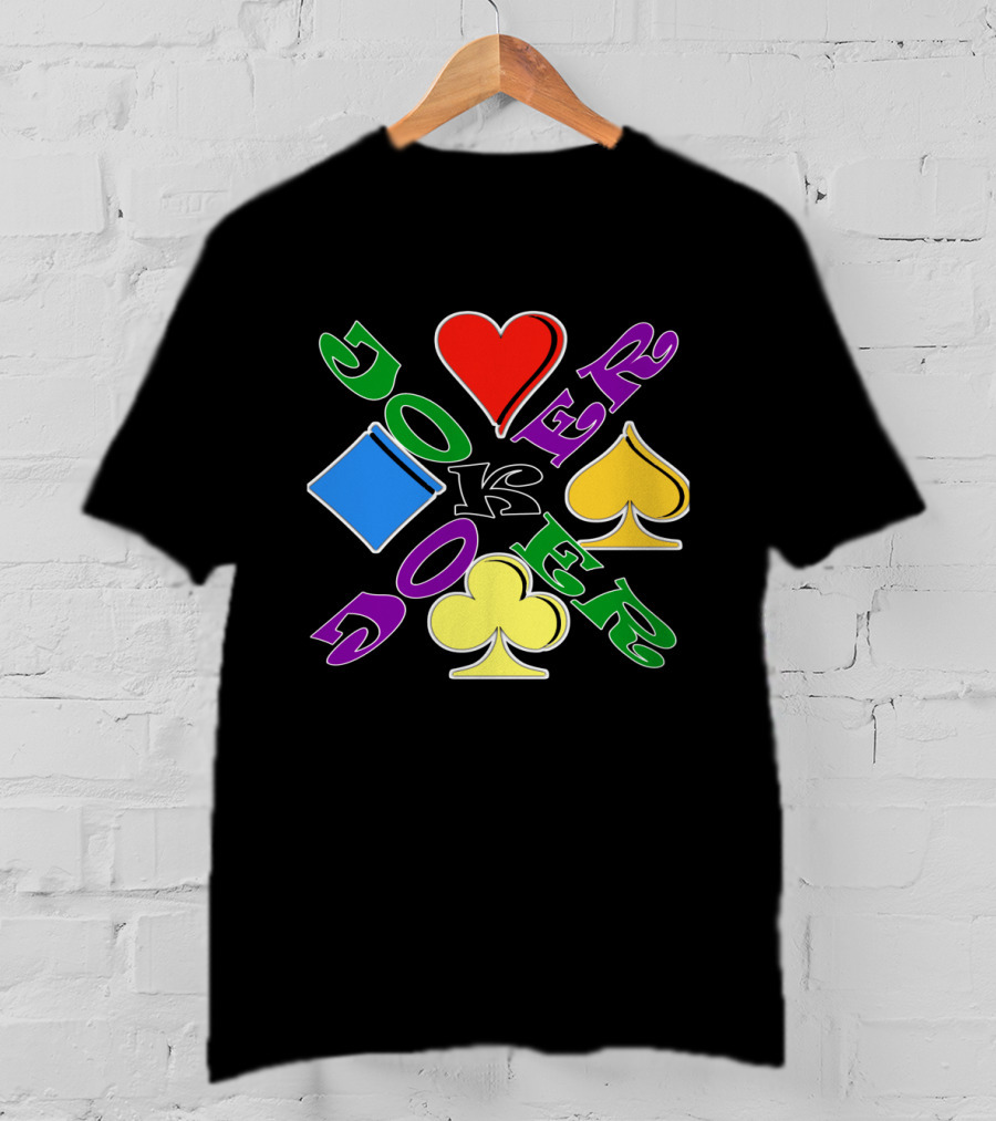 Rainbow Colored Joker Heart Spade Club Diamond Playing Cards T-Shirt
