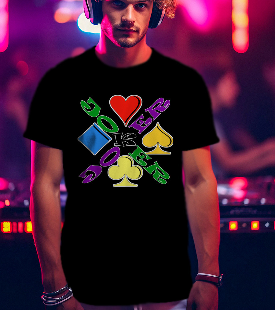 Rainbow Colored Joker Heart Spade Club Diamond Playing Cards T-Shirt