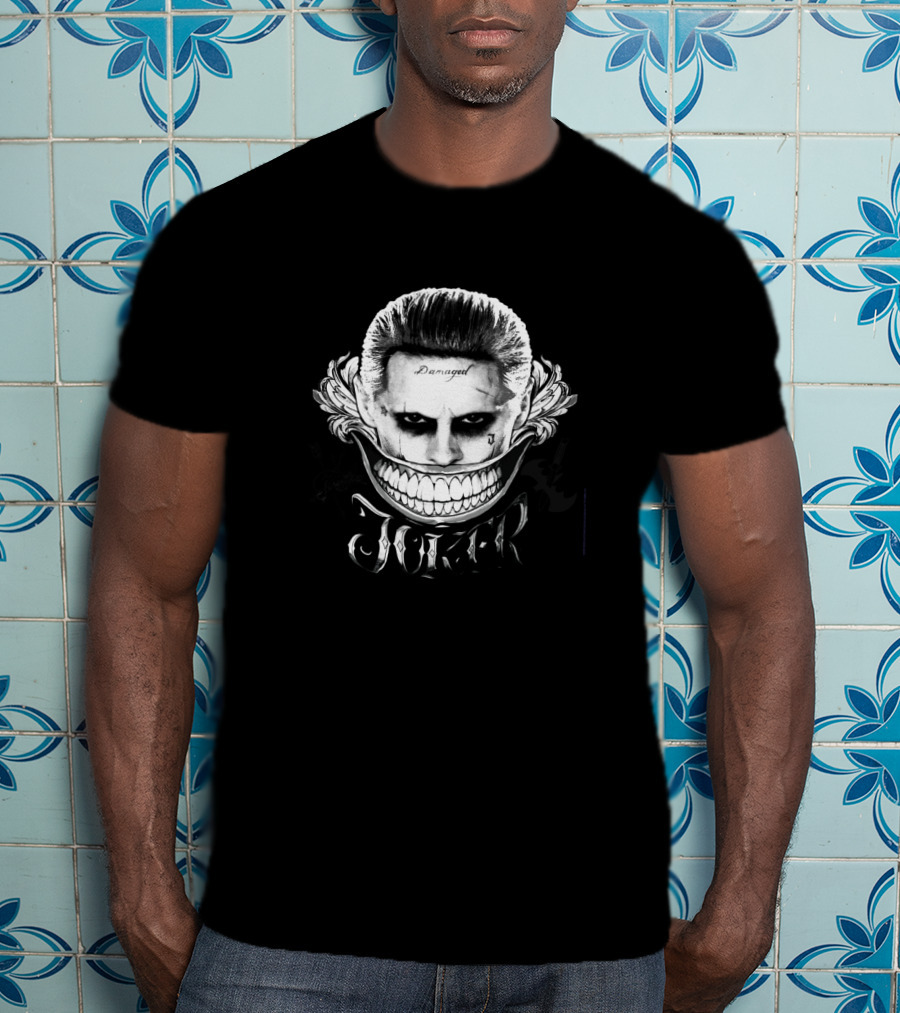 Damaged Joker Face With Wide Grin And Joker Text T-Shirt