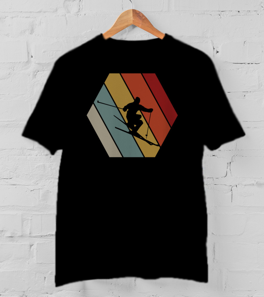 Funny Vintage Skier Hexagonal Stripes Winter T-Shirt
