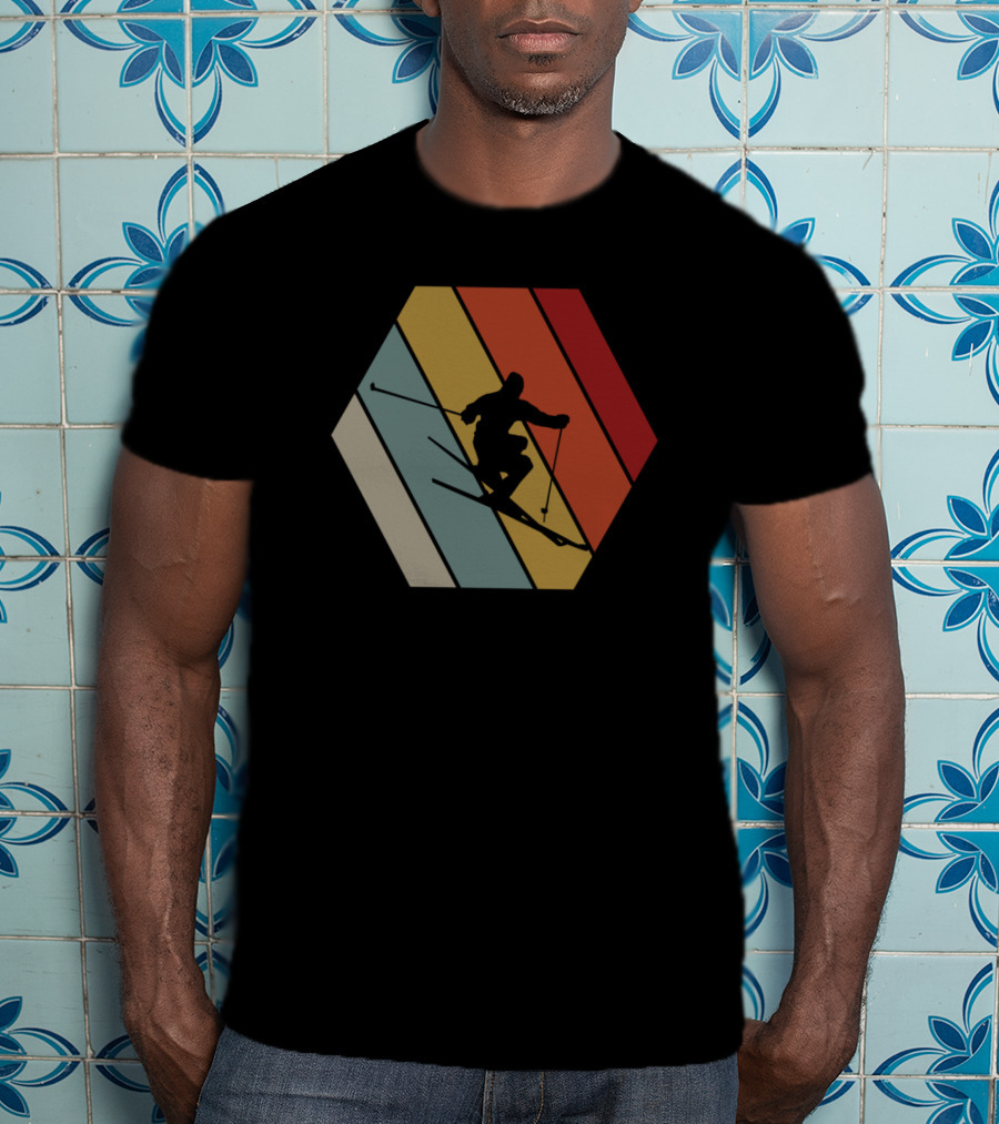 Funny Vintage Skier Hexagonal Stripes Winter T-Shirt