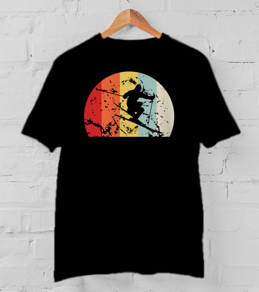 Retro Vintage Skiing Silhouette With Colorful Sunset Stripes T-Shirt