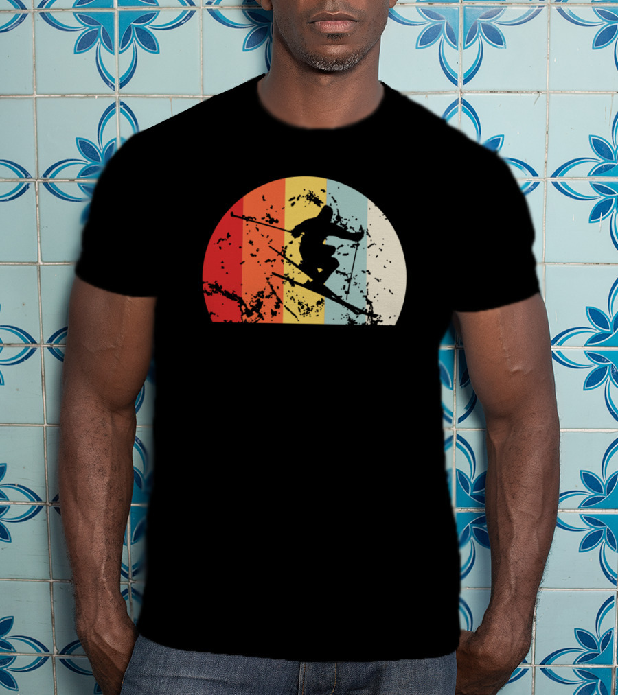 Retro Vintage Skiing Silhouette With Colorful Sunset Stripes T-Shirt