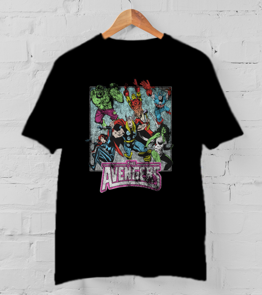Marvel Avengers The Hulk Thor Captain America Iron Man Black Widow She-Hulk Classic Group Action T-Shirt