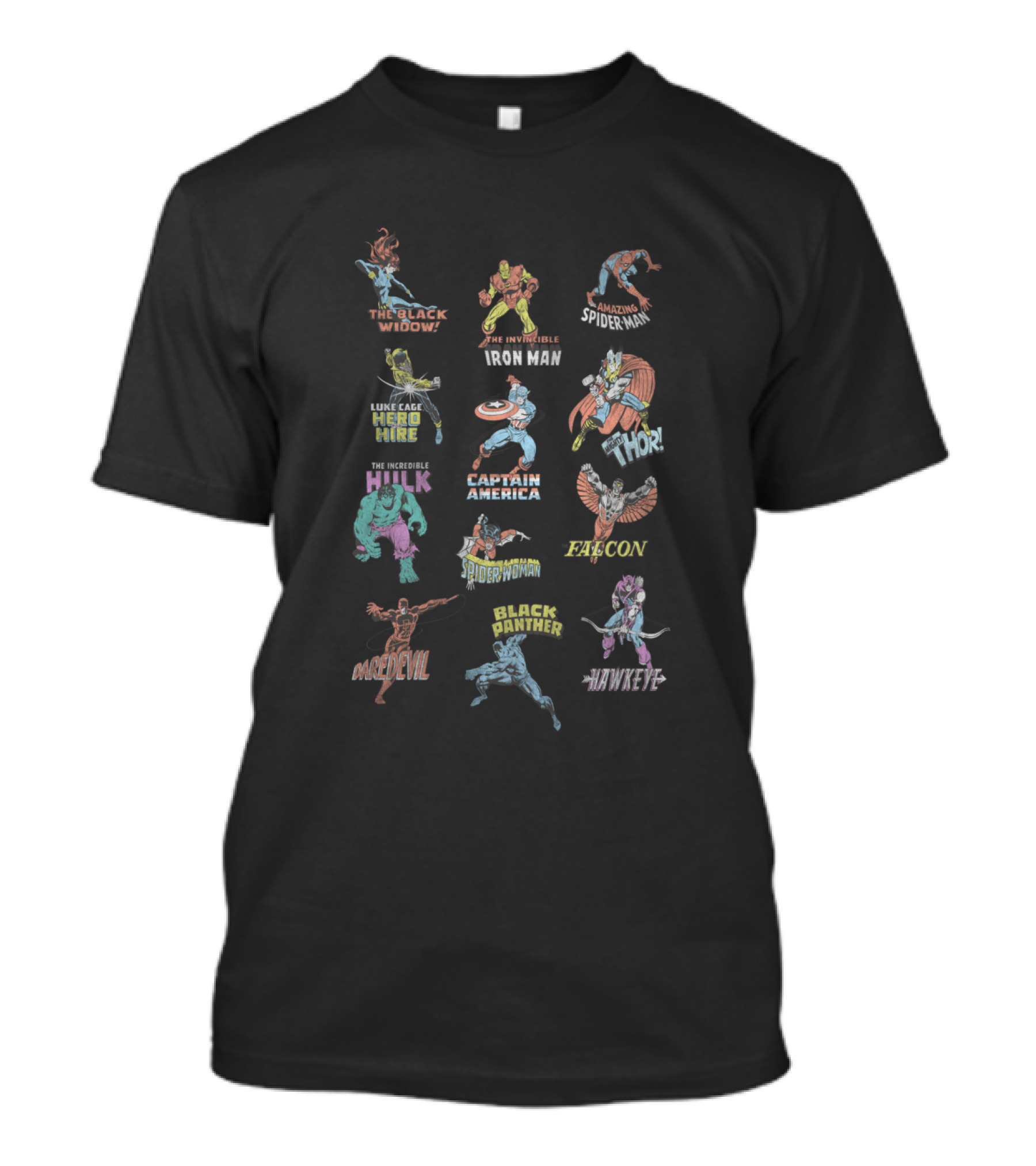 Marvel Avengers Heroes The Black Widow Iron Man Spider-Man Captain America Thor Hulk Falcon Daredevil Black Panther Hawkeye T-Shirt