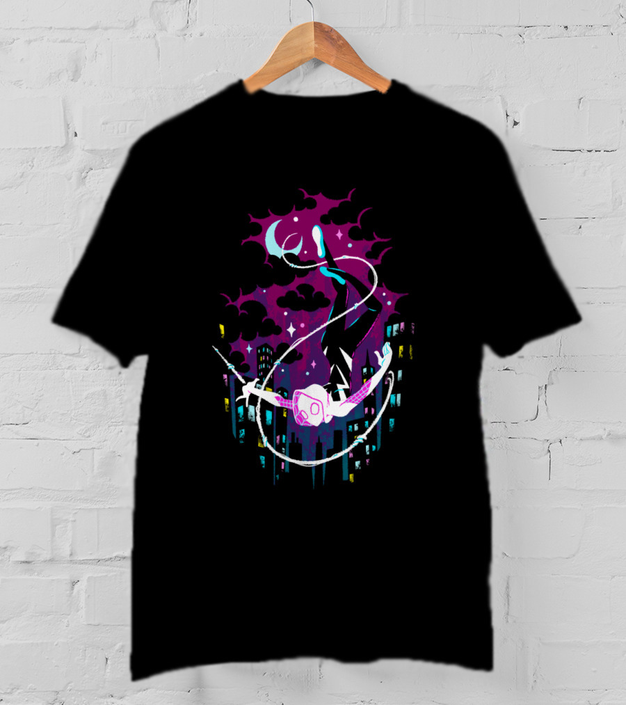 Marvel Ghost Spider Swinging Through Neon City Skyline T-Shirt