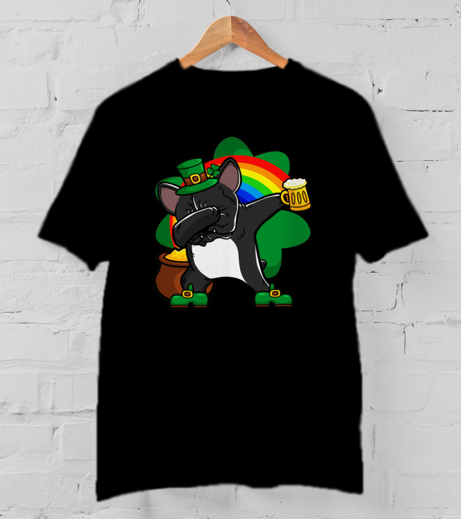 French Bulldog Dabbing Shamrock Rainbow St Patrick's Day T-Shirt
