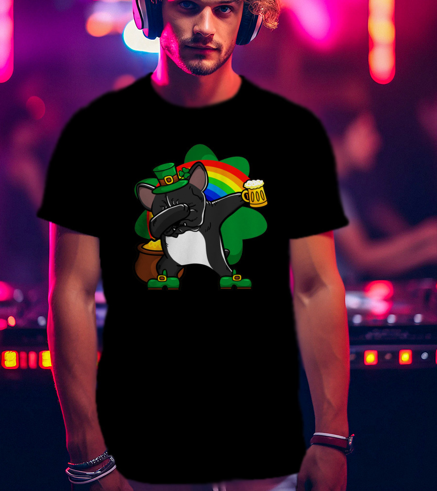 French Bulldog Dabbing Shamrock Rainbow St Patrick's Day T-Shirt