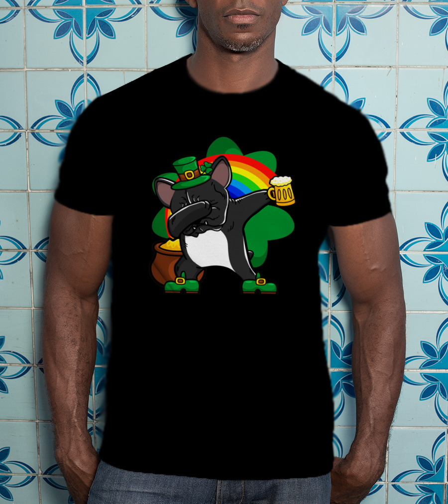 French Bulldog Dabbing Shamrock Rainbow St Patrick's Day T-Shirt