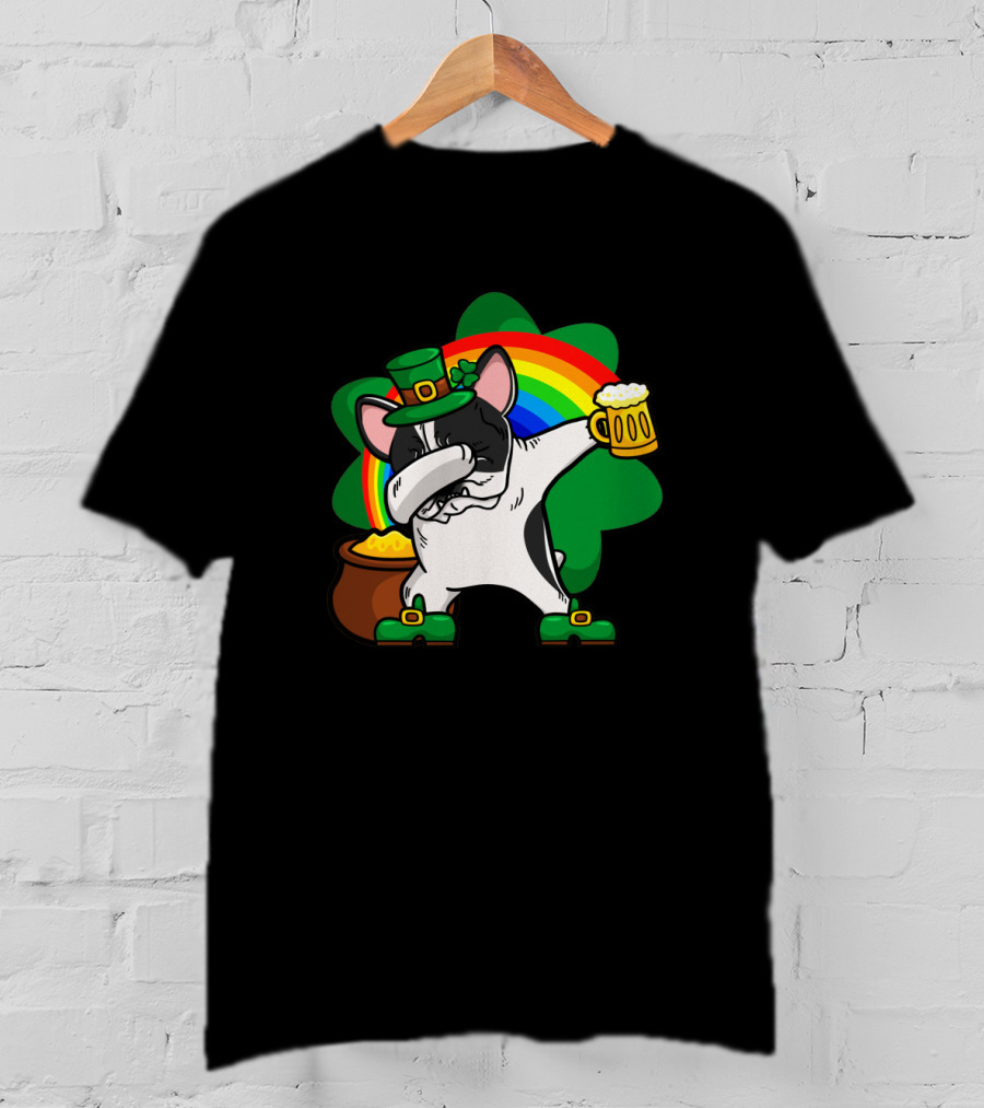 Dabbing Pied French Bulldog St Patrick's Day Rainbow Clover Beer Pot Of Gold T-Shirt