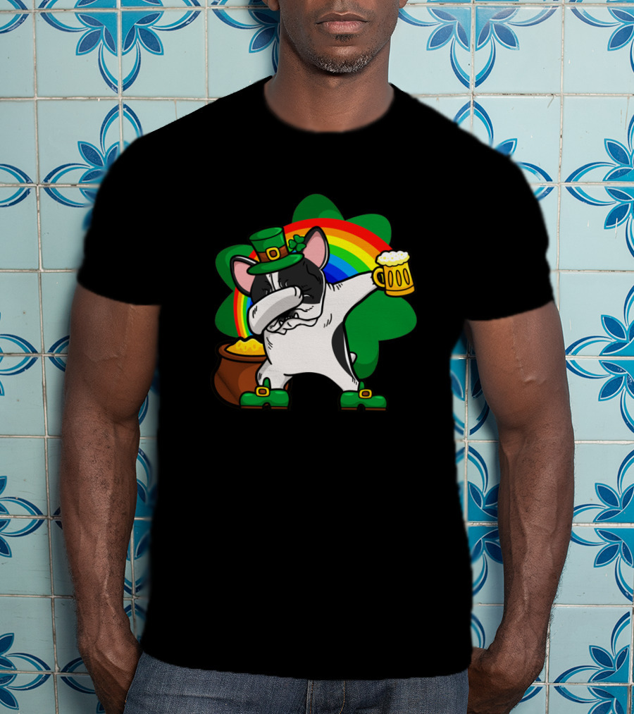 Dabbing Pied French Bulldog St Patrick's Day Rainbow Clover Beer Pot Of Gold T-Shirt