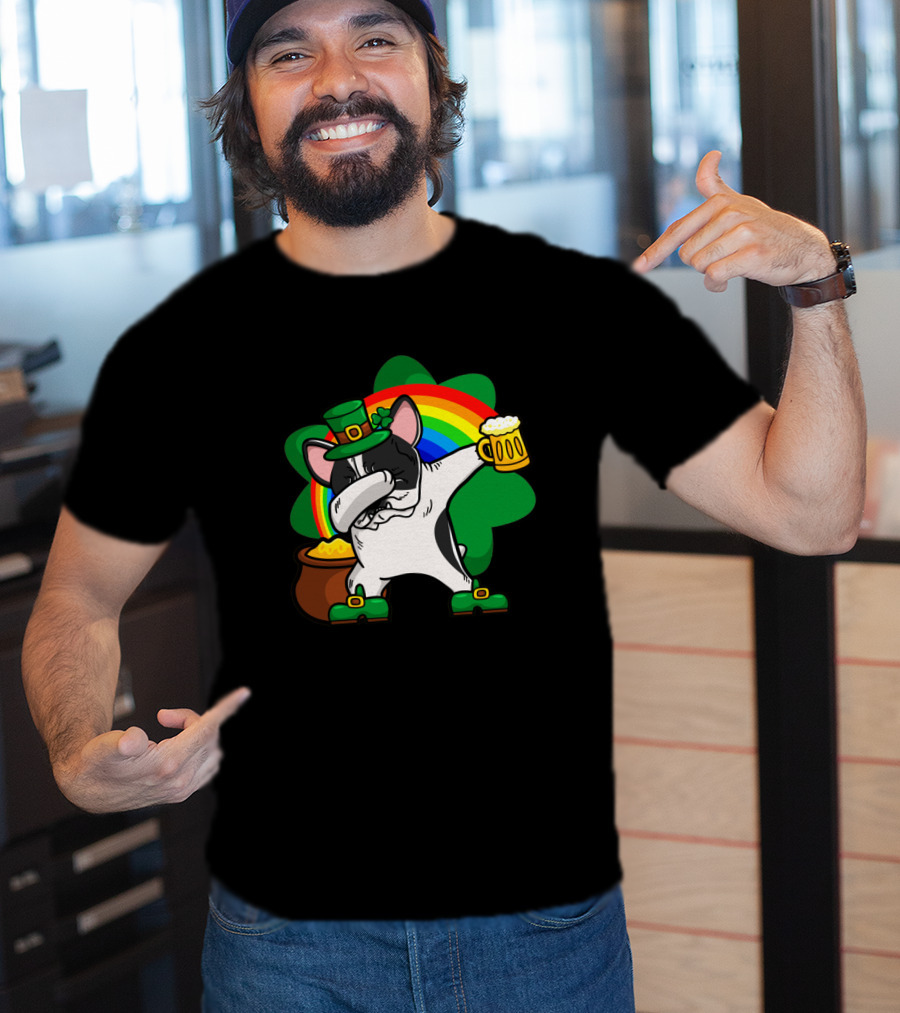 Dabbing Pied French Bulldog St Patrick's Day Rainbow Clover Beer Pot Of Gold T-Shirt