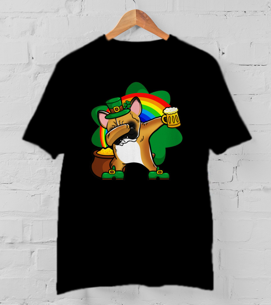 French Bulldog Dabbing Leprechaun With Beer And Rainbow St Patrick's Day T-Shirt