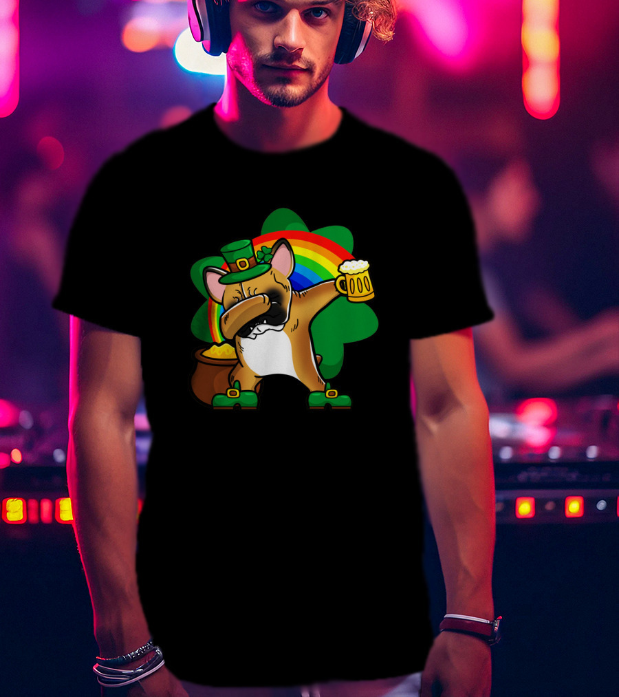 French Bulldog Dabbing Leprechaun With Beer And Rainbow St Patrick's Day T-Shirt